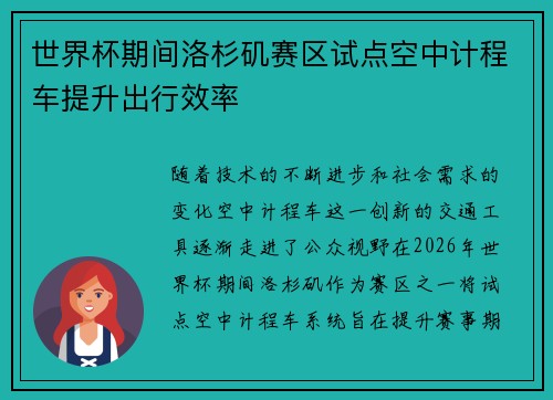 世界杯期间洛杉矶赛区试点空中计程车提升出行效率 世界杯期间洛杉矶赛区试点空中计程车提升出行效率
